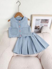 Chaleco vaquero holgado de lavado claro y falda vaquera plisada de cintura elástica completa para niña, conjunto versátil de moda minimalista para uso diario