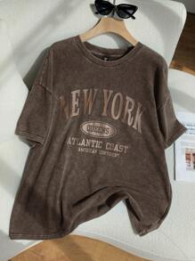 Comfortcana 大码女式图案 T 恤，大码 T 恤，街头服饰，90 年代服装，纽约印花休闲简约图案圆领短袖宽松 T 恤，酸洗外观复古针织仿旧柔软面料适合夏季春季 - 棕色 - 查看 3