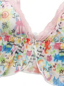 NotGurli 2pcs Girls Playful, Cute Back To School Bralette And Panties Set, With Graffiti, Floral Lace, Bowknot, Ruffle Trim, Sexy Ladies Lingerie Set, Pink, Suitable For Music Festival, Party, Vacation
