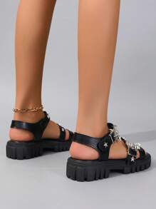 ROMWE Grunge Punk Plus Size Black Open Toe 4.5cm Platform Shoes, Punk Goth Metal Rivet Star Bat Buckle Strap Hook And Loop Design, Casual Fashion Student Roman Sandals