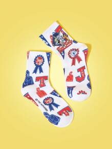 TOM & JERRY X SHEIN 1 Paar Damen Cartoon & Buchstaben Muster weiße modische Crew Socken
