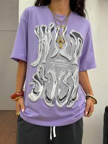 Coolane Women's Purple Knitted Casual T-Shirt With Round Neck And Half Sleeves And Abstract Graphic Print - Purple - View 6