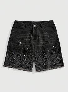 ROMWE MEN Street Life Men's Rhinestone Loose Bermuda Denim Shorts Jorts With Glitter Trim And Pocket