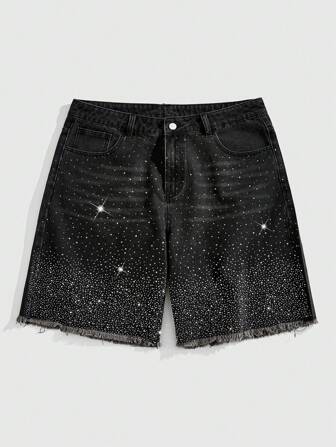 Street Life Men's Rhinestone Loose Bermuda Denim Shorts Jorts With Glitter Trim And Pocket