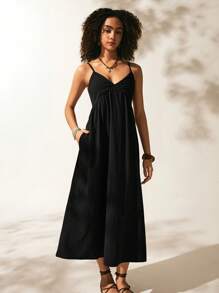 Easelle 寬鬆休閒v領度假風sundress - 黑色 - 查看 6