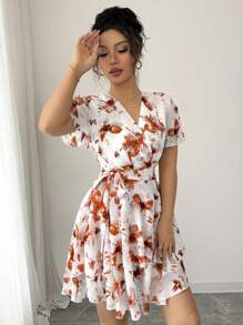 Rafferiza Women's Floral Print Ruffle Sleeve Casual Vacation Dress - Red and White - View 3