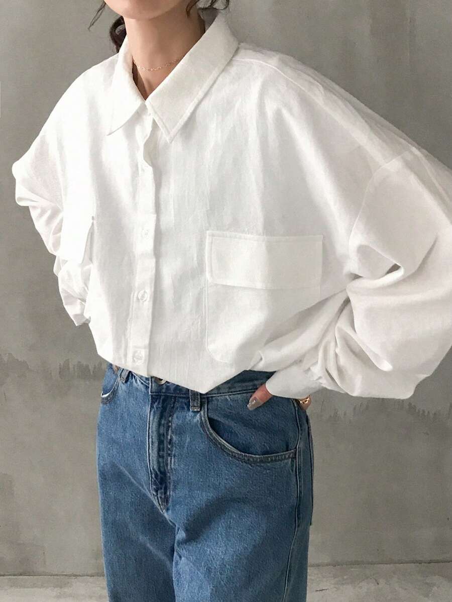 FRIFUL Women's Solid Color Basic Regular Collar Lantern Sleeve Blouse, Spring/Summer - White - View 1