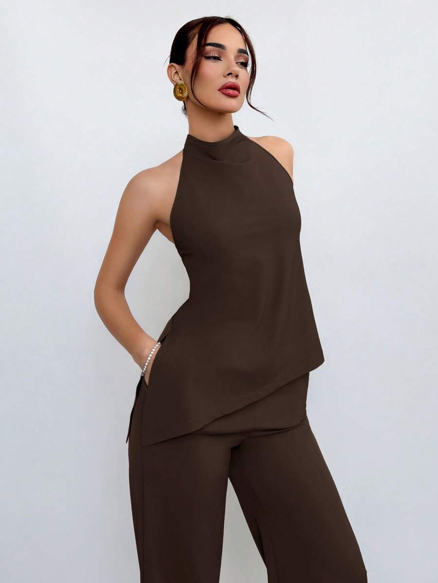 Aloruh Conjunto de Top Halter e Calça em Cor de Café Simples para Uso Diário da Mulher