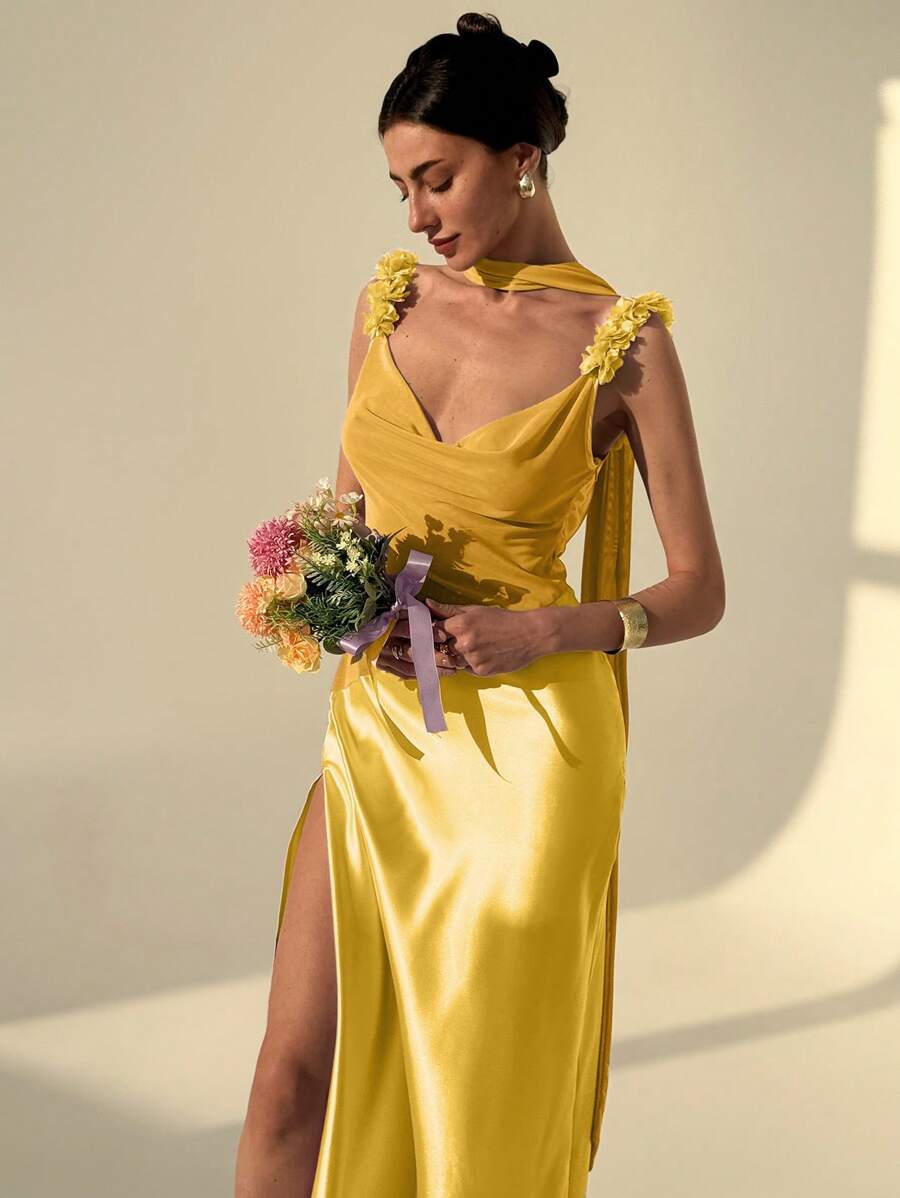 Aloruh Women's Extra Long Purple Mesh Patchwork Goddess Dress, Sexy Open Back For Wedding Party Bridesmaid Mesh Dress Summer Summer Outfits For Women Modest Backless/ Open Back Beach Outfits For Woman Beach - Yellow - View 1