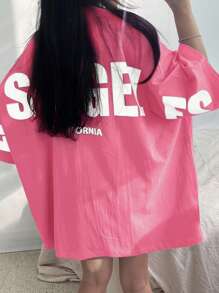 DAZY Women Letter Print Round Neck Drop Shoulder Loose Casual Versatile T-Shirt Oversized T-Shirt,Back To School Clothes - Watermelon Pink - View 3