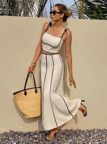 SHEIN Frenchy Bộ đồ hai mảnh màu mơ thường ngày dành cho nữ, áo hai dây và váy, mặc hàng ngày, đồ mặc đi làm, trang phục mùa hè cho nữ, bộ đồ hai mảnh dành cho nữ, bộ đồ 2 mảnh, trang phục đi nghỉ cho nữ, trang phục đi biển cho nữ, bộ quần áo cho nữ, trang phục đi nghỉ trên đảo - Màu be - Xem 6