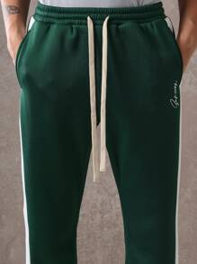 SUMWON 运动性能喇叭裤拼色侧条纹训练裤宽松复古风格健身健身房冬季休闲裤 - 墨綠色 - 查看 6