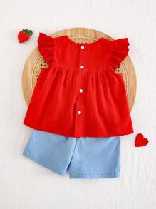 Cozy Pixies 2pcs Baby Girl Strawberry Print Knit Soft Round Neck Cap Sleeve Top And Elastic Waist Shorts Set - Multicolor - View 2