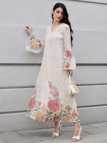 Al Najma 优雅浪漫刺绣花朵宽松泡泡袖青春派对连衣裙，端庄 - 彩色 - 查看 4