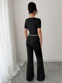 Elenzga Conjunto de 2 piezas para mujer con top elegante de botones delanteros y pantalones para uso casual y de oficina