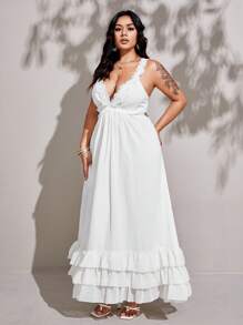 Flirla Große Größen Damen Urlaub V-Ausschnitt Spitzen Patchwork Ausgeschnittene Taille Rock Mehrstufiges Rüschen Chiffon Kleid - Aprikosenfarben - Übersicht 6