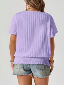 SHEIN LUNE 大码女式荷叶边下摆弹力收腰圆领短袖上衣 - 淡紫色 - 查看 2