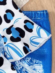 SHEIN 2pcs/Set Young Girl Stylish Number Digital Print Round Neck Flared Long Sleeve Top And Denim Effect Pants Set, Spring/Autumn - Blue - View 3