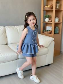 2pcs/Set Young Girl Casual Fashion Blue Washed Denim Sleeveless Tank Top And Denim Shorts Outfit