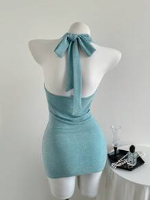 Elamini 女士闪亮亮片深 V 领细肩带迷你连衣裙，浅蓝色，春夏假期 - 藍色 - 查看 2