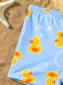 Cute Young Boys Blue Background Duck & Bubble Print Swimming Trunks Youth Boys Shorts Young Boys 2 Pieces Young Boys Casual Sets Young Boys Suit Set Beach Clothes For Boys