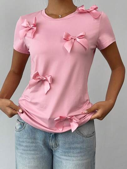 Chiquease Tricou cu mânecă scurtă cu decor cu fundă, la modă de vară