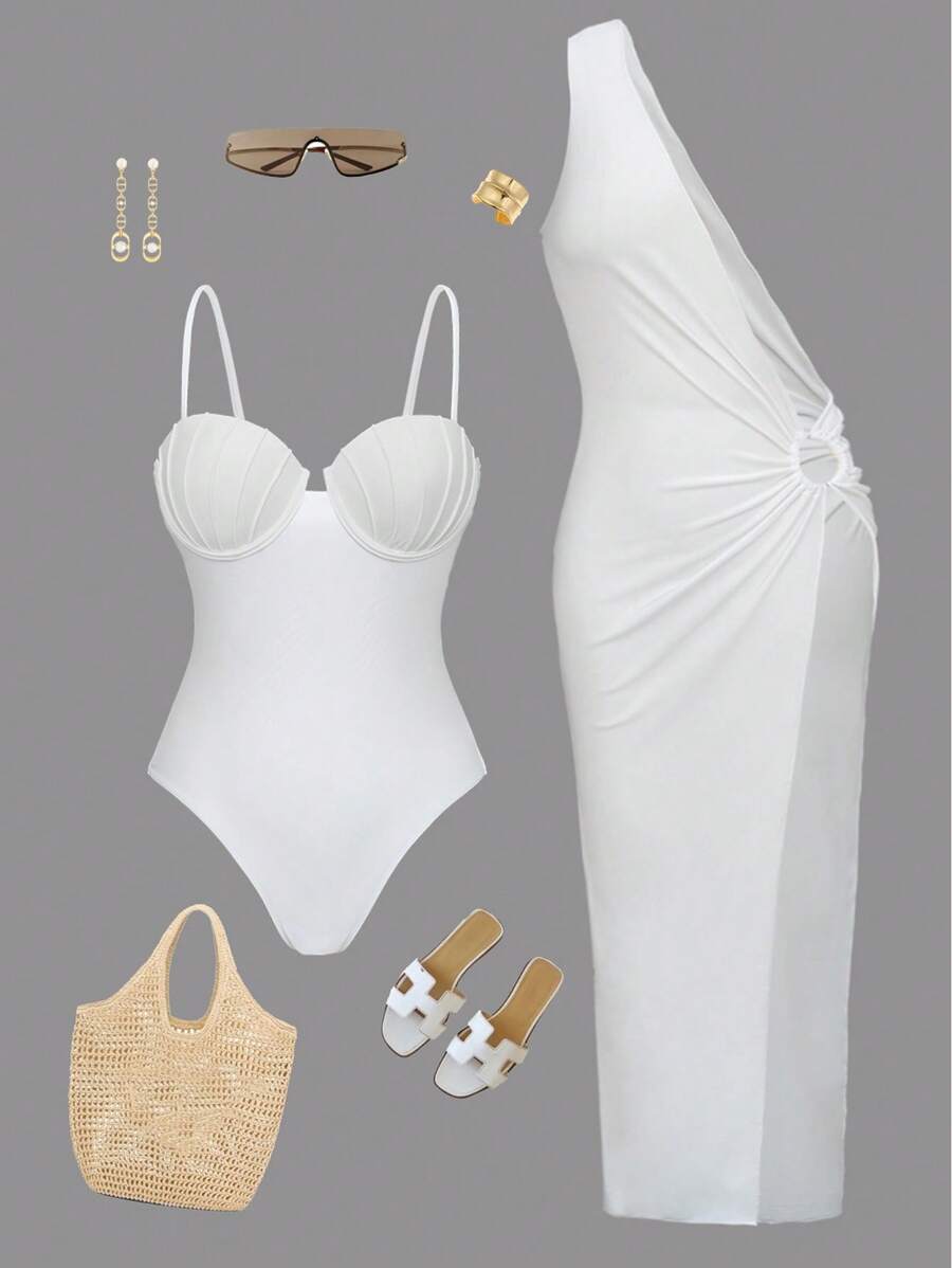 Swim Oasis 两件套女士新款时尚纯色亮面面料钢圈聚拢提胸吊带背心,单肩设计侧开衩沙滩裙及泳衣,夏季必备 - 白色 - 查看 1