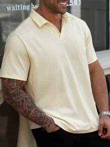 Manfinity Homme Plus Size Men's Casual Solid Color Textured Short Sleeve Polo Shirt, Summer - Apricot - View 3