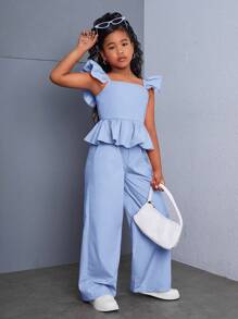 SHEIN Tween Girl 优雅编织纯色盖袖衬衫和长裤套装，休闲装 - 藍色 - 查看 3