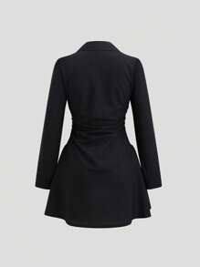 SHEIN Tall 法式时尚百褶腰连衣裙，V领修身休闲迷你连衣裙，春夏 - 黑色 - 查看 2