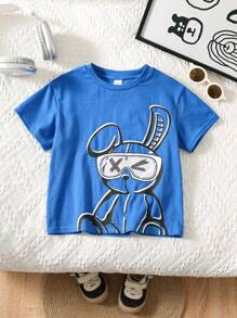 SHEIN Young Boys' Casual Cute Cartoon Rabbit Print Short Sleeve T-Shirt, Versatile For Spring And Summer - Blue - View 2
