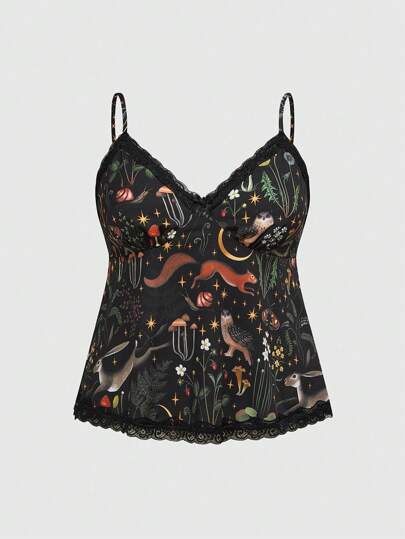 Fairycore Cute Gothic Forest Wild Animal Plant Fox Flower Moon Mushroom Star Print Lace Camisole Lace Vest For Women