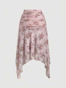 SHEIN MOD Falda asimétrica hasta la rodilla de malla con estampado floral bohemio y fruncida: rosa, fluida y