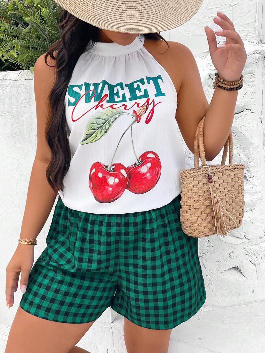 SHEIN VCAY 2pc Plus Size Sleeveless Top And Shorts Set,White,Summer,Casual,Beach,Holiday Cherry Vacation Outfits Green Pants St Pattys Day Off Shoulder - Green - View 1