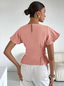 SHEIN Frenchy Blusa elegante de manga corta con ruedo con volantes de unicolor para mujer, verano - Rosa - Ver 4