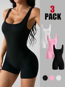 SHEIN PETITE Multicolor Women's Summer Solid Color Crew Neck Stretchy Form-Fitting Jumpsuit - Multicolor - View 2