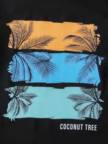 SHEIN Young Boy Letter & Tropical Plant Print Short Sleeve T-Shirt And Shorts Set, School, Campus, College