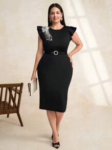 Chikora Curvy Plus Size Women's Romantic And Elegant Black Round Neck Cap Sleeve Waist Hip-Length Dress With Shiny Diamond Decoration On Shoulders,Business Casual Woman,Work Clothes Women,Old Money Style Women,Sparkly Dress Modest Dress,Going Out Dress,Office Outfits For Women - Black - View 5