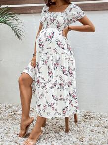SHEIN Vestido de maternidad de cambio de manga corta con cuello cuadrado y estampado floral, para el verano