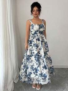 Elenzga 大码女式优雅法式花卉印花休闲度假通勤下午茶派对连衣裙，锁孔领口，宽肩带，前褶饰，后系带细节，A 字廓形带衬里，超长款，春夏 - 藍白色 - 查看 4