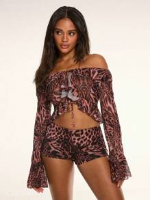 SHEIN BAE Brown Cheetah Animal Print Mesh Print Simple Sexy Ultra Low Waist Mini Shorts Summer Holiday Bohemian Style, Club Sexy, Rave, Festival, Summer Short,Western Wear Women,Coachella, Halloween Clothes,Halloween Costume