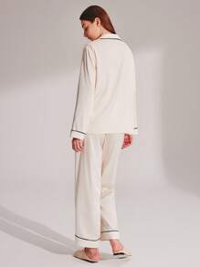 LUVLETTE Autumn And Winter White Silky Satin Contrast Trim Short-Sleeve Basic Button-Up Top & Pants Women Loungewear Pajama Set Pants With Pockets Fall Pajamas Clothes