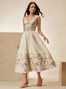 Anewsta Elegant Romantic Floral Print Long Dress, Suitable For Date Night, Vacation, Wedding, Spring/Summer - Grey - View 5
