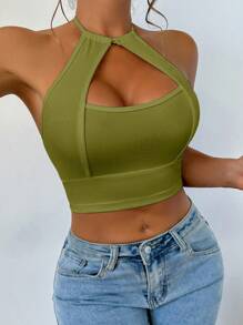 VaVaBold Women's Solid Cut Out Cropped Slim Fit Halter Tank Top - Green - View 5