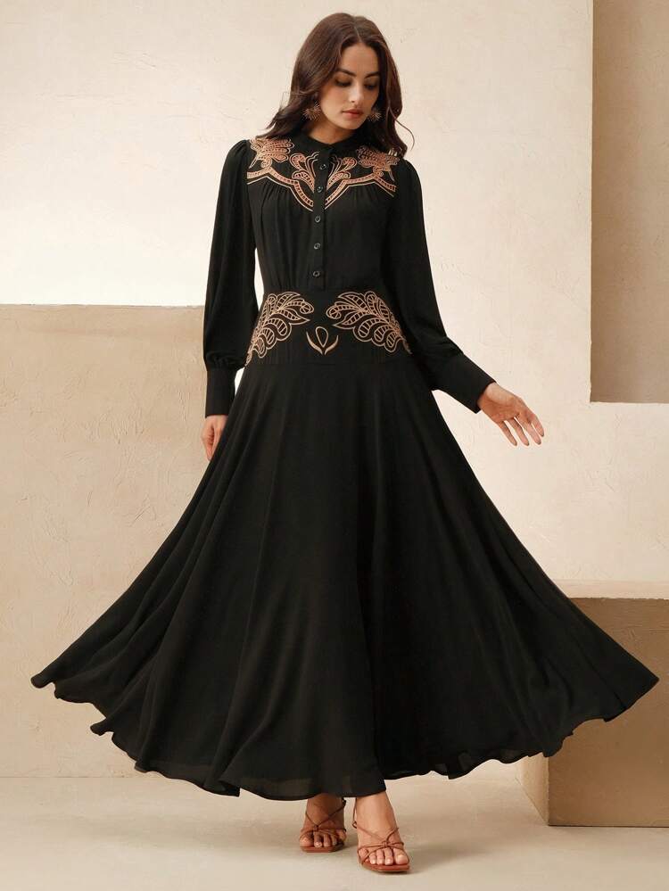 Women's Elegant Black Chiffon Embroidered A-Line Long Sleeve Dress, Suitable For Spring, Summer, Vacation, Holiday