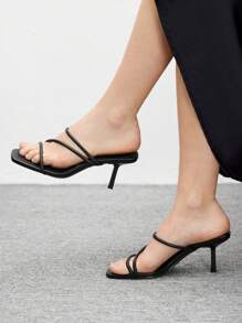 CUCCOO BIZCHIC Sandalias de tacón de aguja de 7cm con puntera cuadrada y multi-correas en color negro, adecuadas para uso en la playa en verano