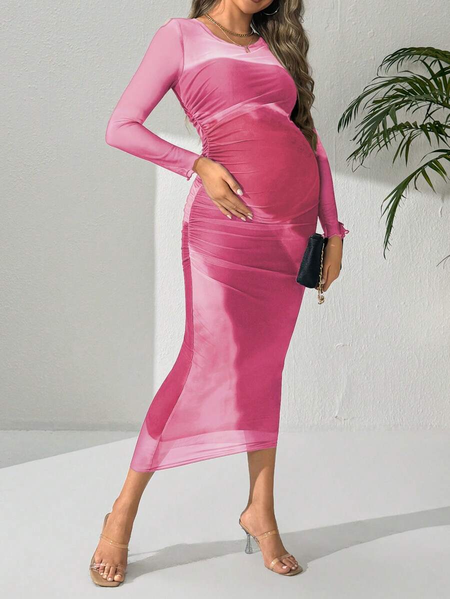 SHEIN Maternity Long Sleeve Stylish Dress, Suitable For Summer - Pink - View 1