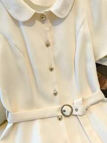 Franclia Elegant Notch Collar Short Sleeve Cinched Waist Waist Single Breasted Solid Color Spring/Summer Dress
