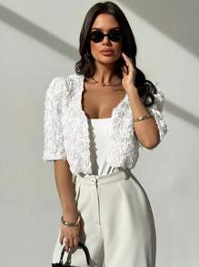 Firerie Chaqueta corta de manga corta, ligera y con textura de rosa 3D, elegante, minimalista, romántica y sofisticada para mujer, ideal para citas, ir al trabajo y vacaciones en otoño/invierno