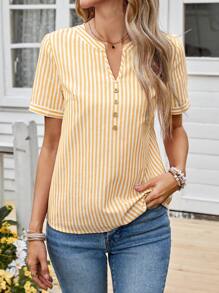 EMERY ROSE Women's Striped Print Notched Neck Casual Short Sleeve Blouse - Yellow - View 5